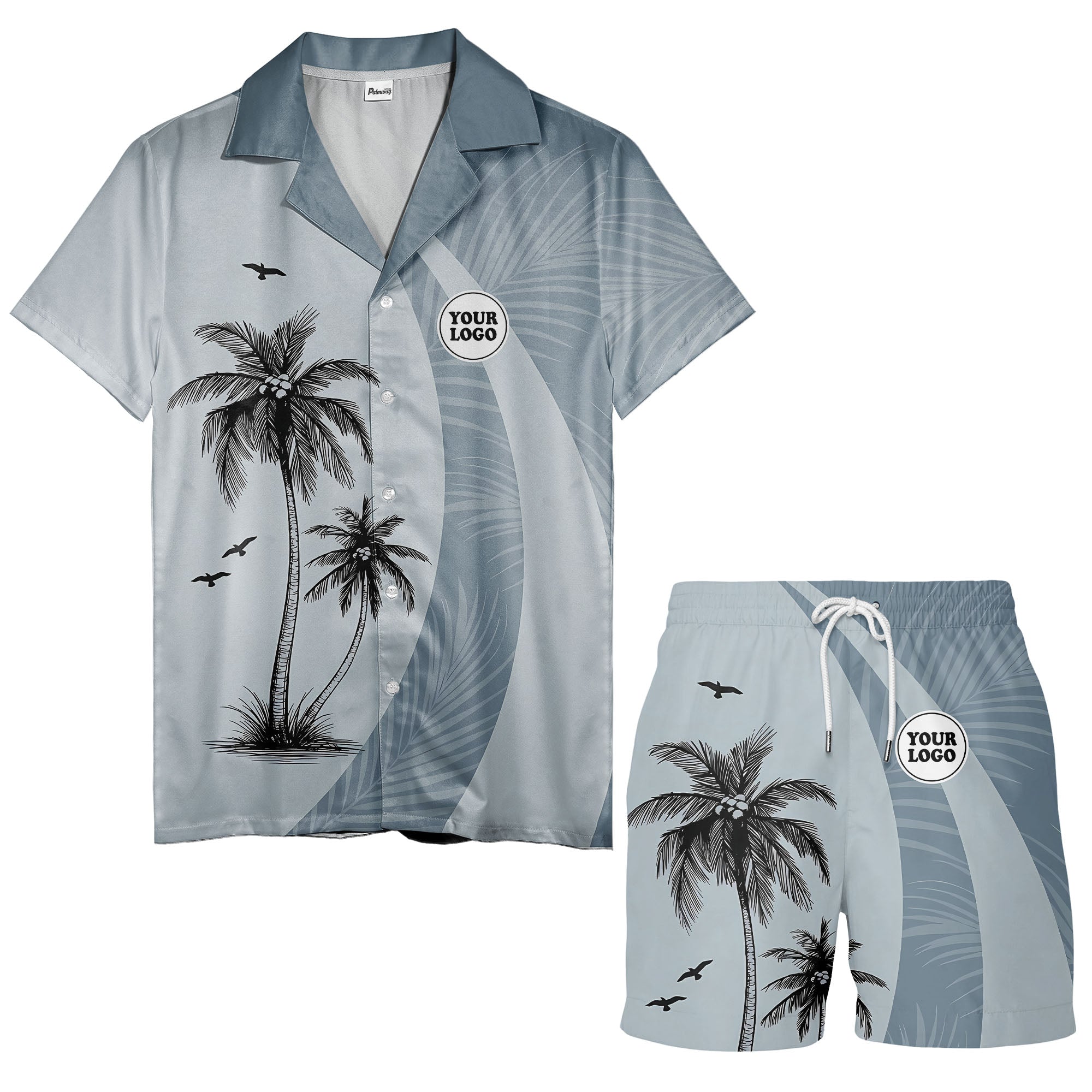slate blue palm silhouettes with flying birds tropical hawaiian shirt