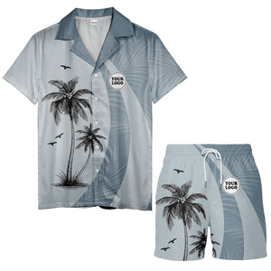 slate blue palm silhouettes with flying birds tropical hawaiian shirt