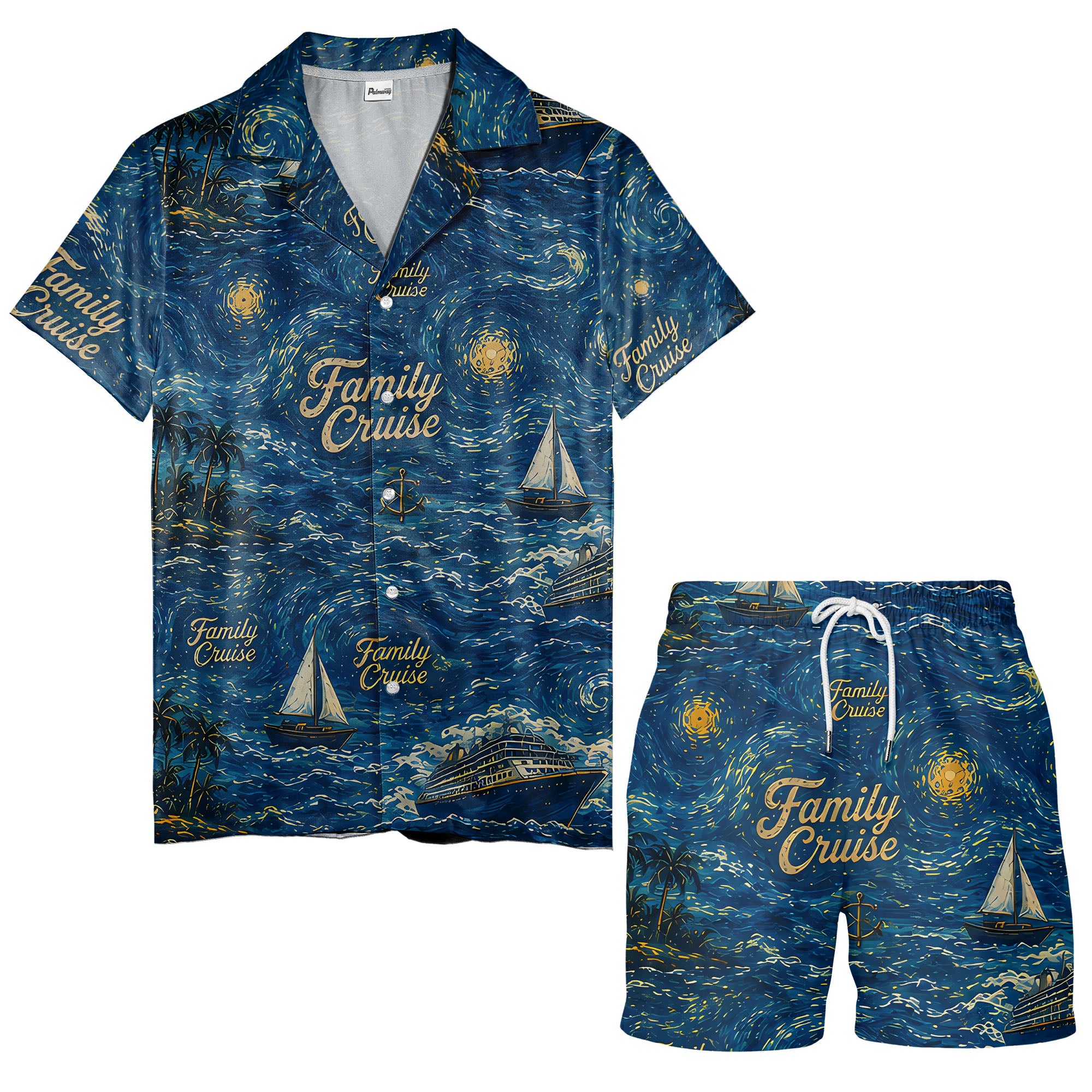 starry night sailboats & cruise ships palm tree hawaiian shirt