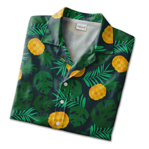 Stylized Pineapple Hawaiian Shirt with Monstera on Dark Teal