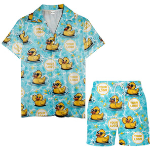 summer fun cartoon rubber ducks riding light blue wave hawaiian shirt