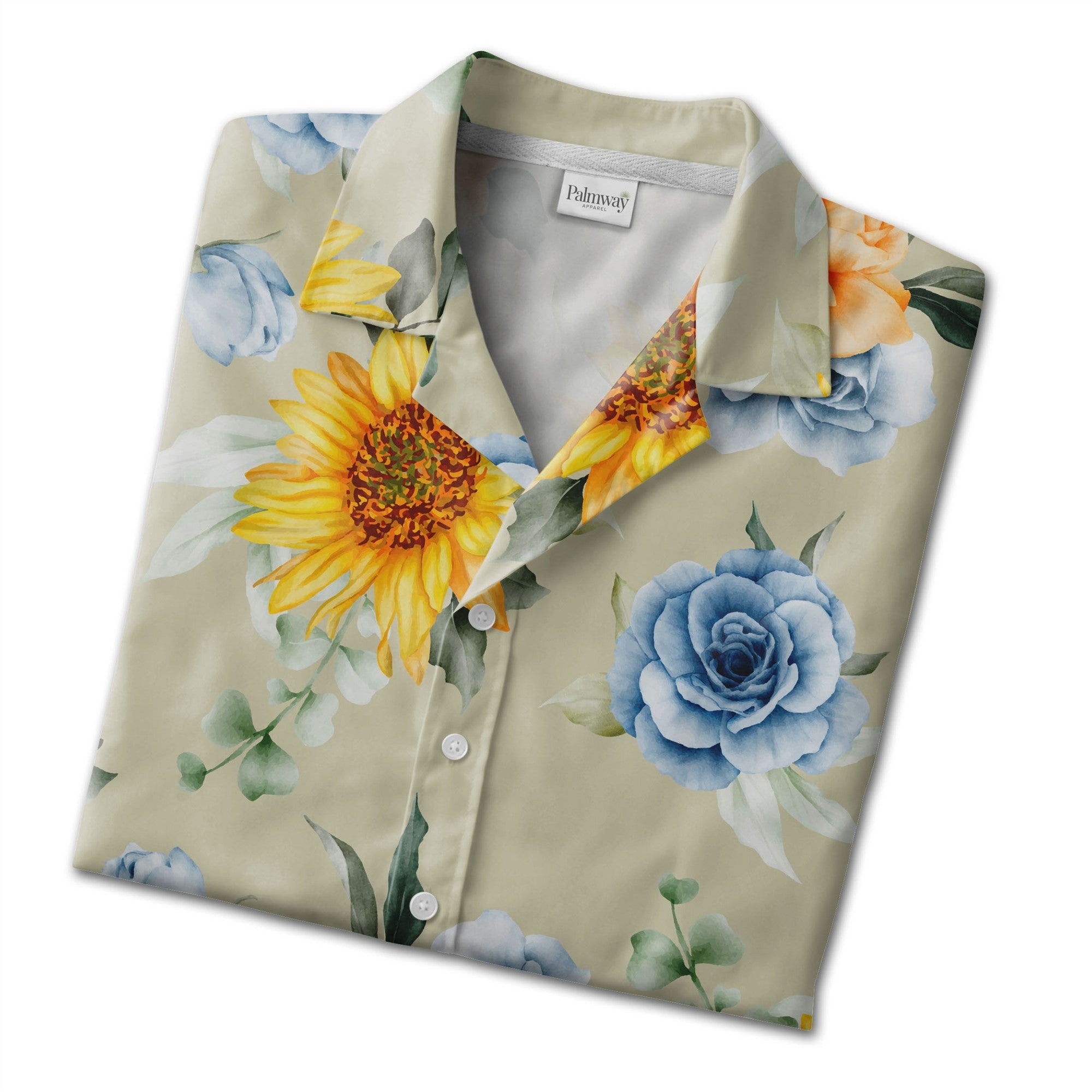 Sunflower and Blue Rose Hawaiian Shirt with Eucalyptus on Khaki Background