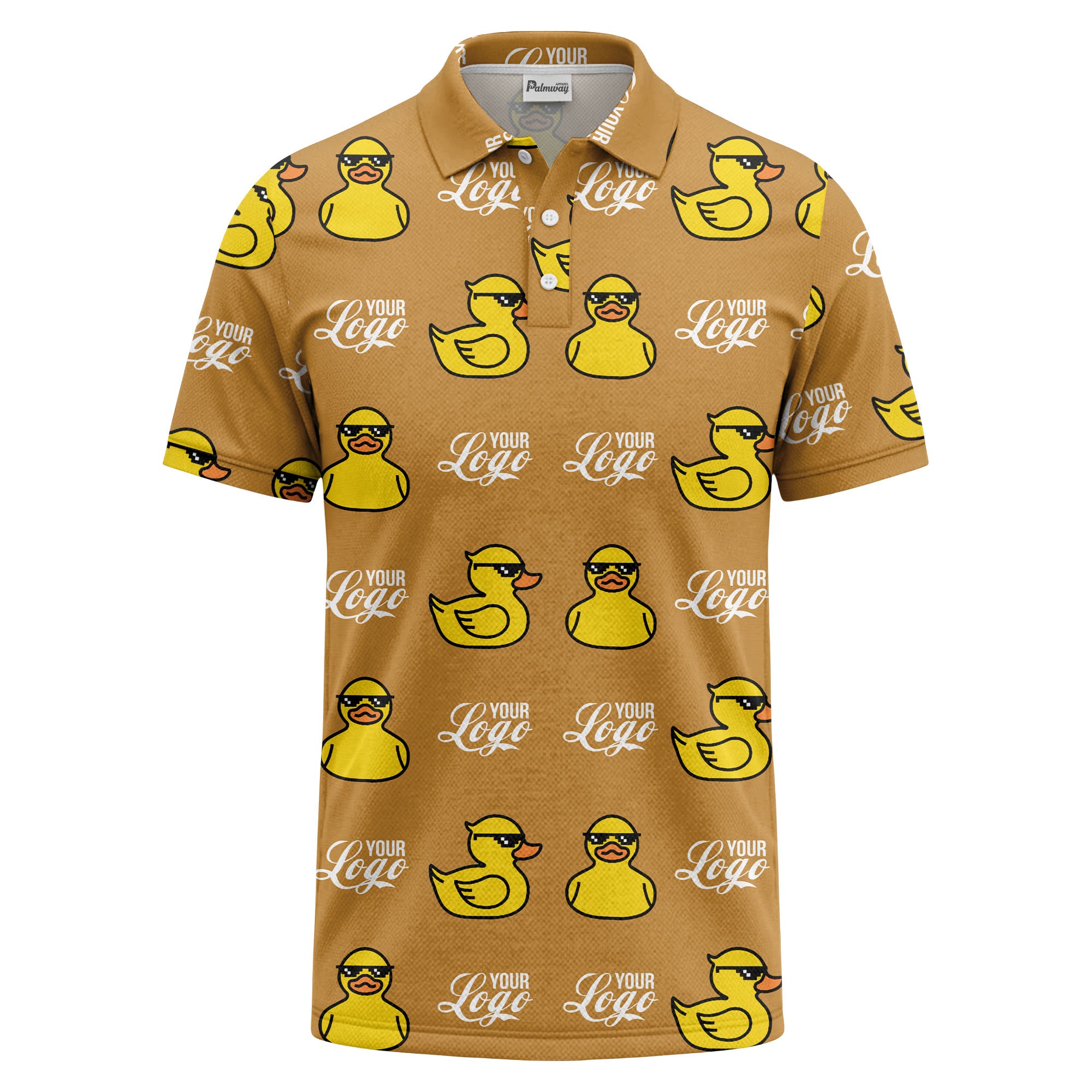 sunglasses rubber duck repeat pattern black yellow fun cartoon golf polo shirt