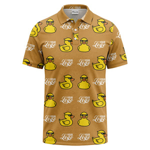 sunglasses rubber duck repeat pattern black yellow fun cartoon golf polo shirt