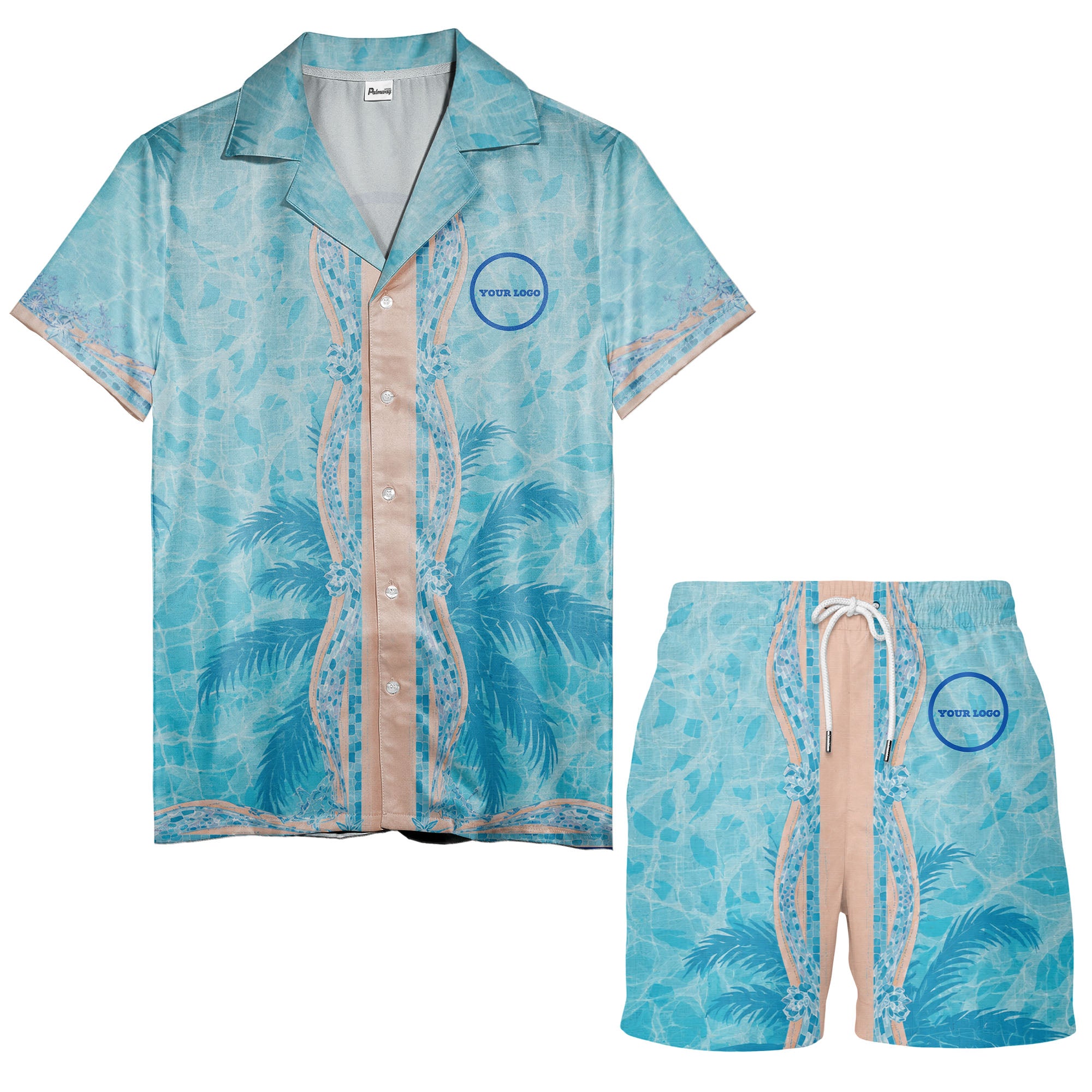 swimming pool mosaic palm trees watercolor hawaiian shirt