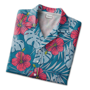 Teal Blue Playful Hibiscus Hawaiian Shirt with Coral Pink and Yellow Blooms