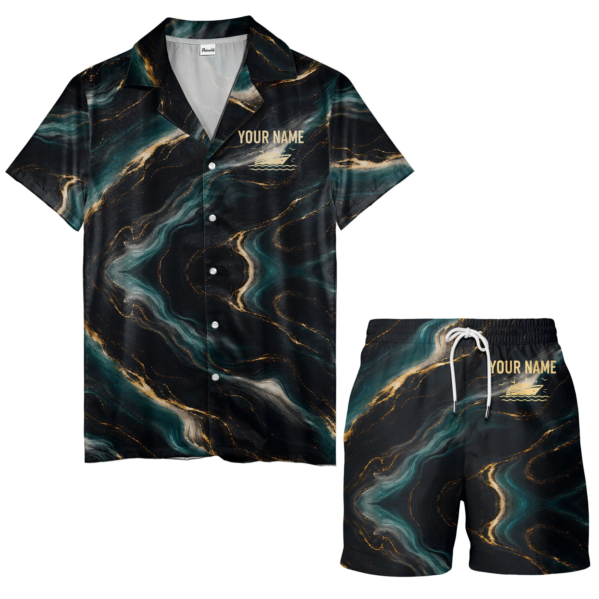 teal gold marble waves luxury yacht abstract hawaiian shirt