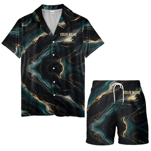 teal gold marble waves luxury yacht abstract hawaiian shirt