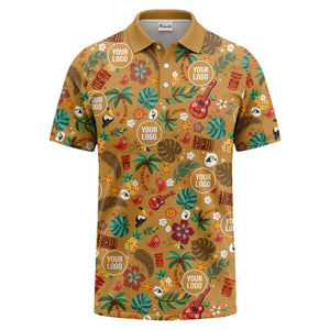 tiki masks palm trees ukuleles watercolor print polo shirt for men