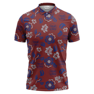 tropical blue floral logo repeating leaves polo shirt for men