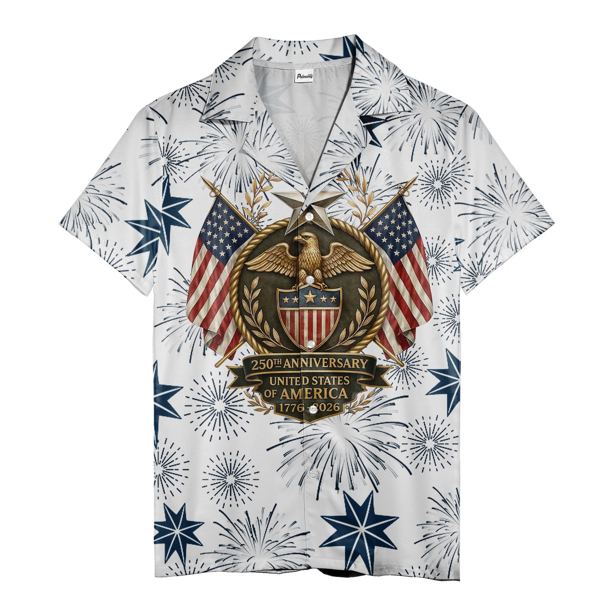 usa 250th anniversary hawaiian shirt with patriotic eagle & fireworks design