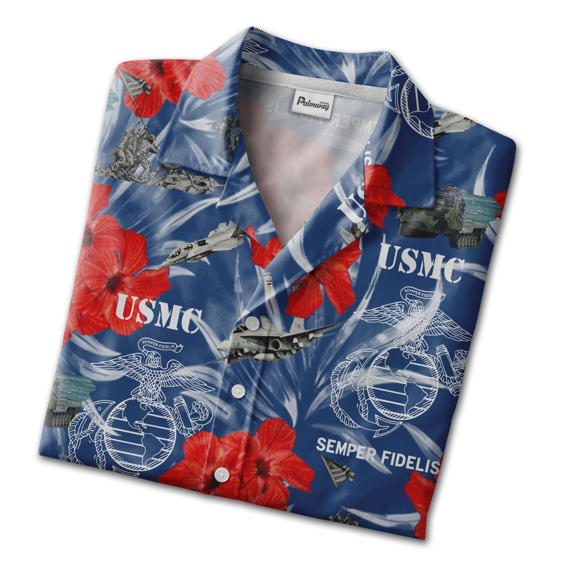 USMC Iwo Jima Hawaiian Shirt - Marine Military Vehicles Fighter Jets Tropical