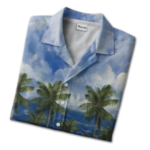 Vintage Classic Car Surf Beach Scene Tropical Aloha Button Down Shirt Hawaiian Shirt