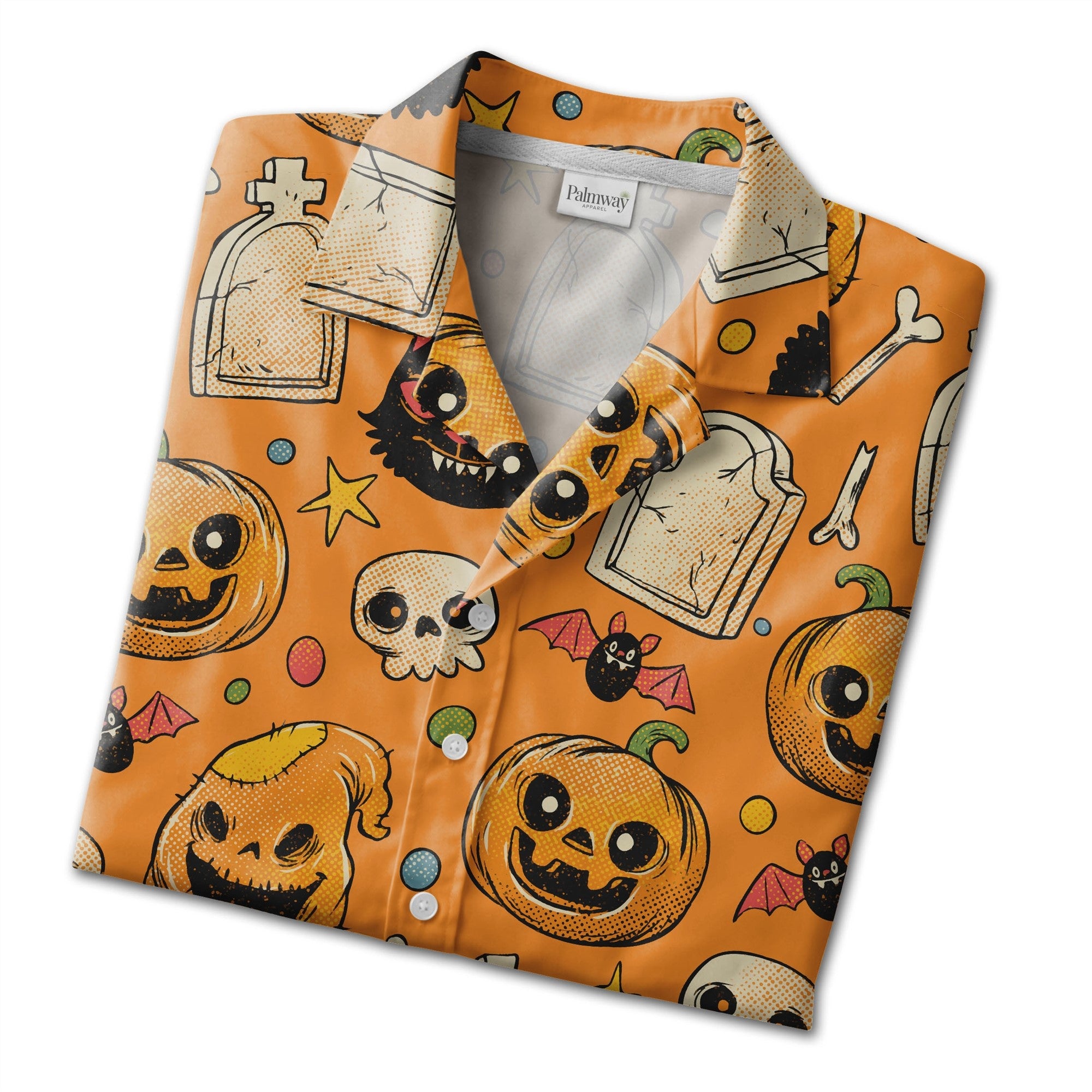 Vintage Comic Halloween Hawaiian Shirt with Skulls and Bats