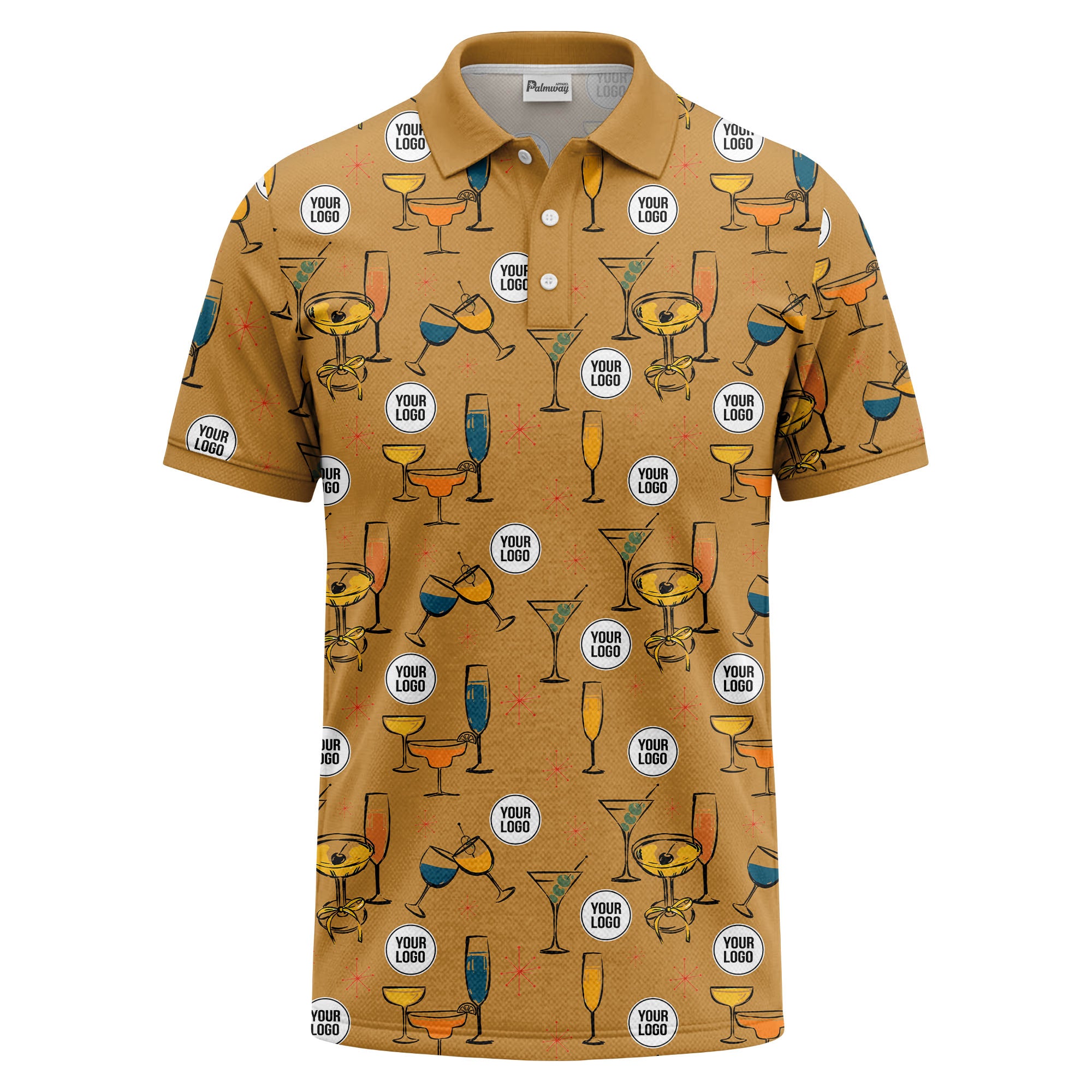 vintage illustrated martini & champagne glasses repeat polo shirt for men