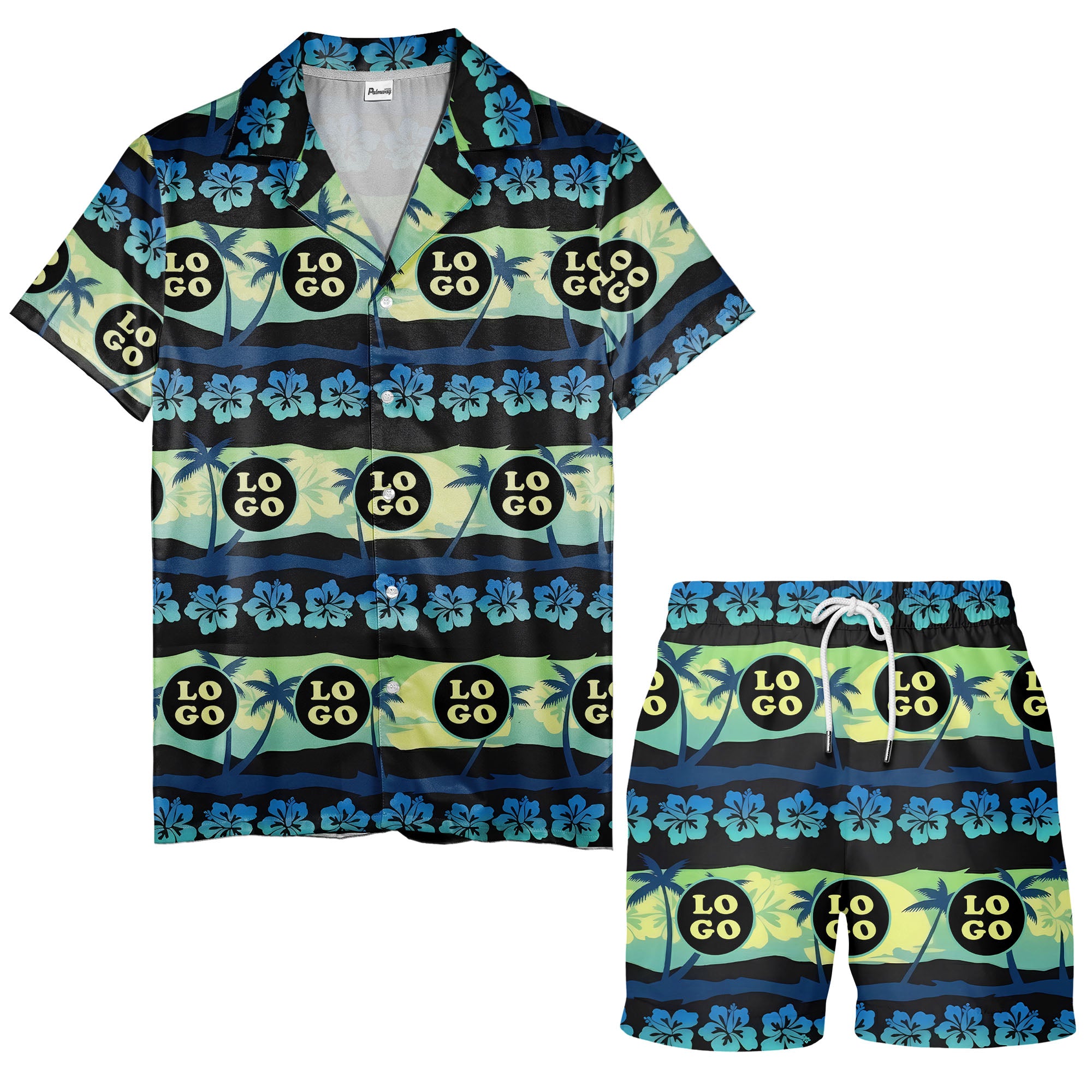 vintage palm trees hibiscus logo repeat navy blue hawaiian shirt