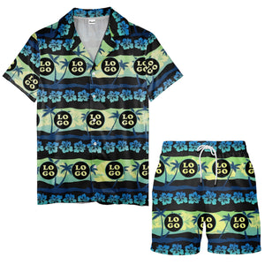 vintage palm trees hibiscus logo repeat navy blue hawaiian shirt