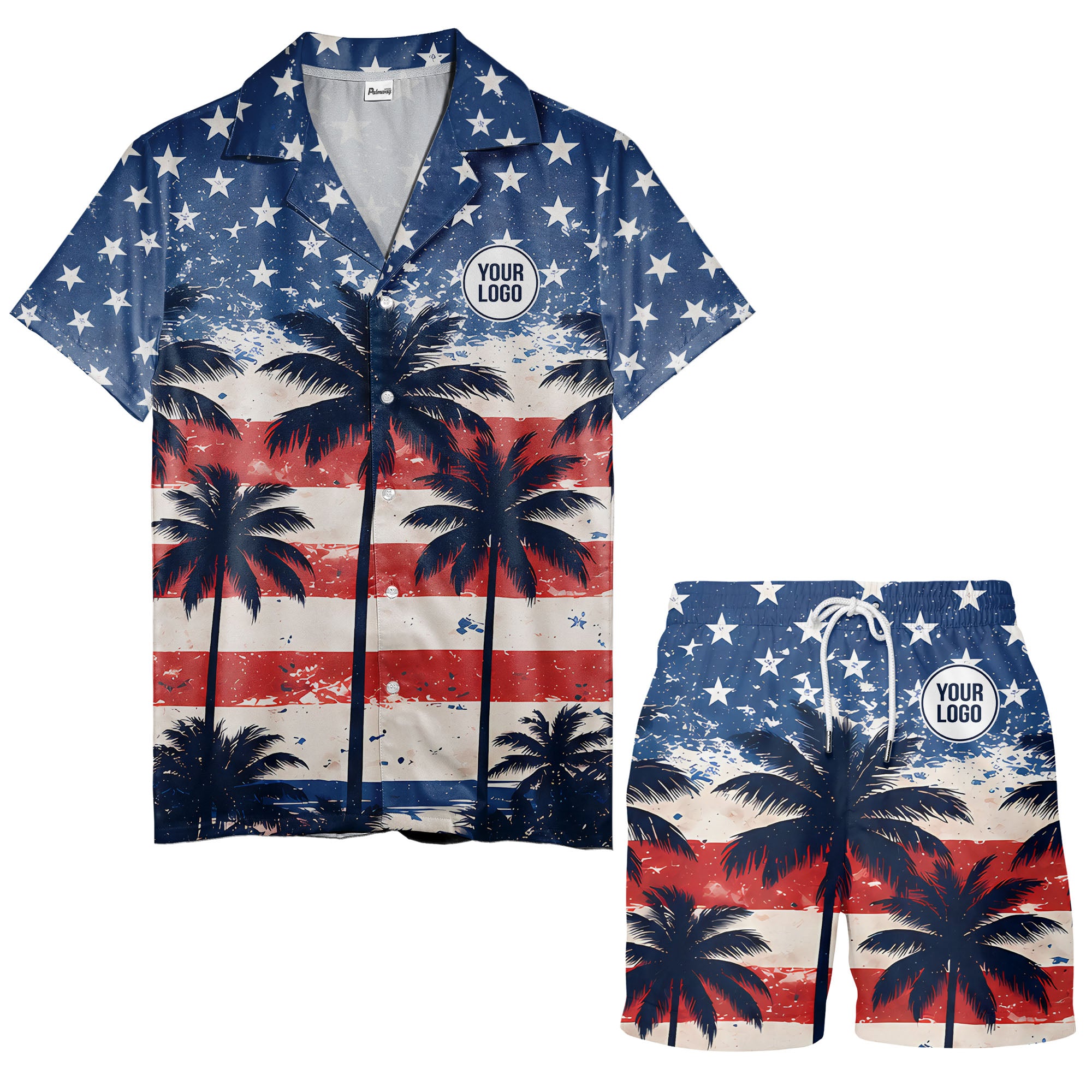 watercolor american flag & palm trees patriotic hawaiian shirt