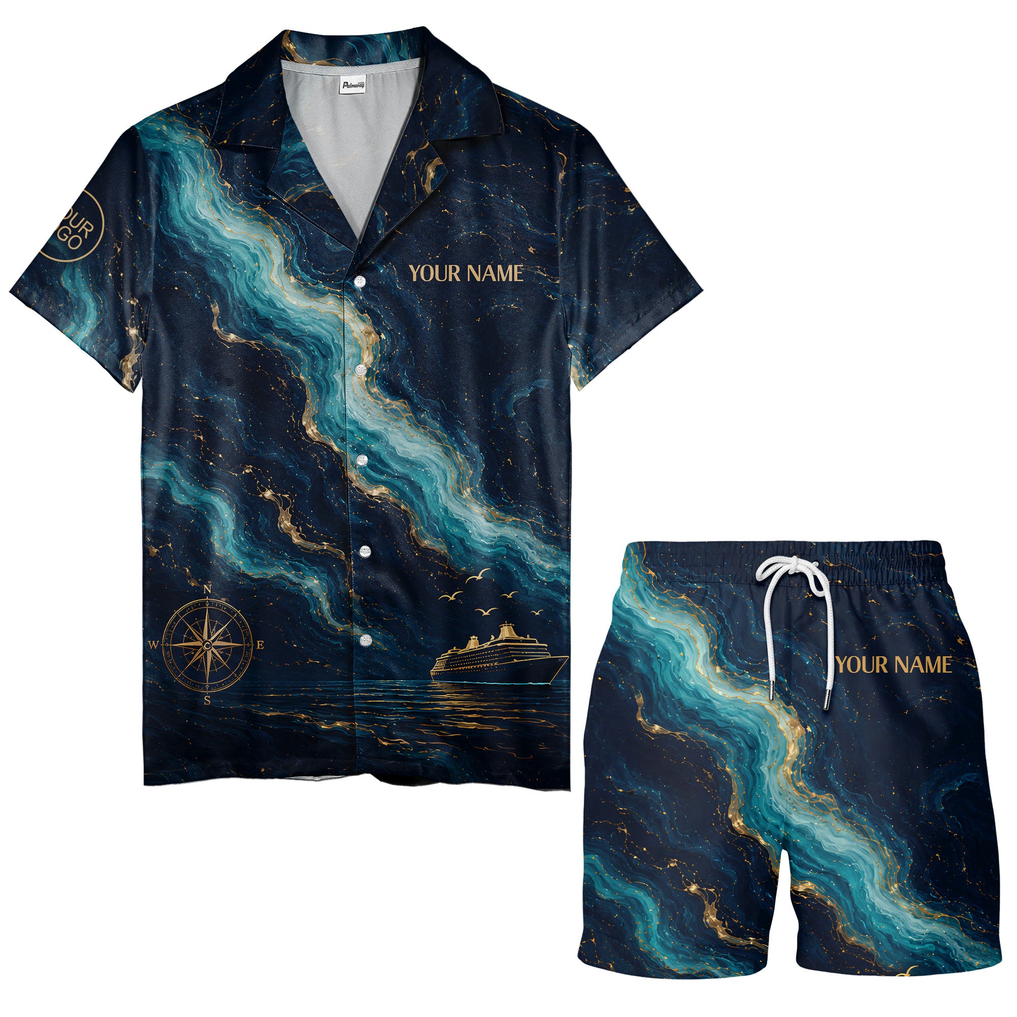 watercolor cruise ship & compass rose ocean waves nautical hawaiian shirt