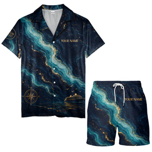 watercolor cruise ship & compass rose ocean waves nautical hawaiian shirt