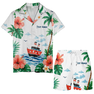 watercolor cruise ship hibiscus palm ocean wave hawaiian shirt