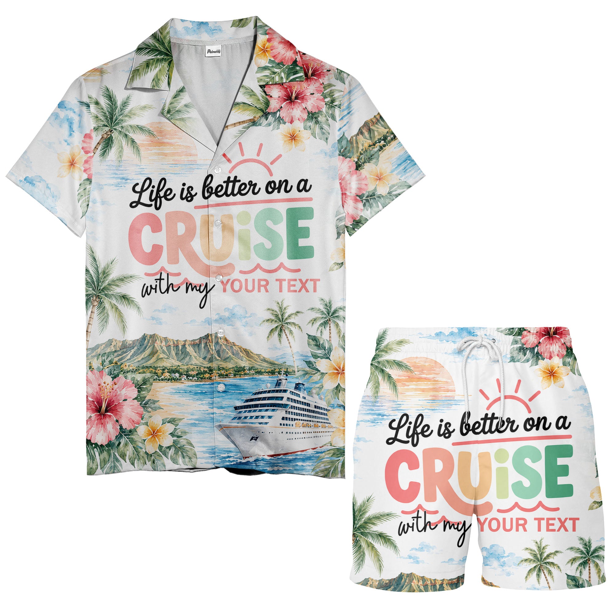 watercolor cruise sunset palm trees hibiscus flowers hawaiian shirt