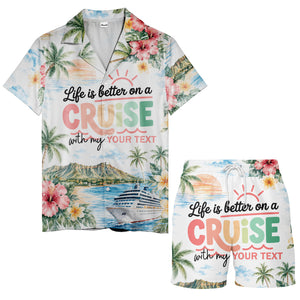 watercolor cruise sunset palm trees hibiscus flowers hawaiian shirt
