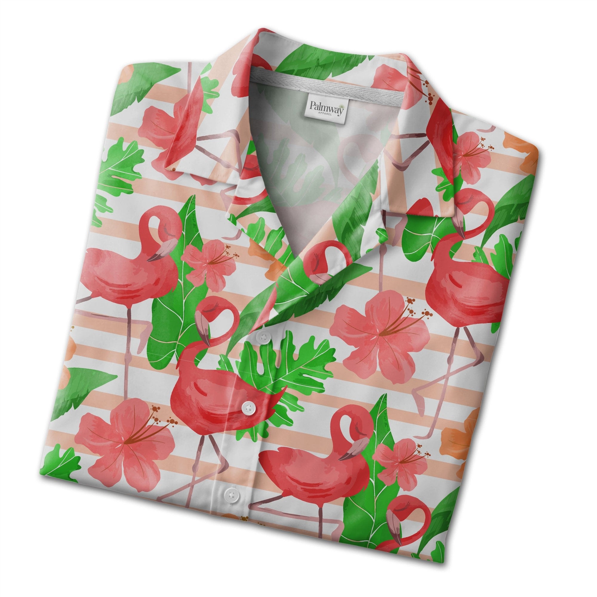 Watercolor Flamingo and Hibiscus Hawaiian Shirt Pink Stripes
