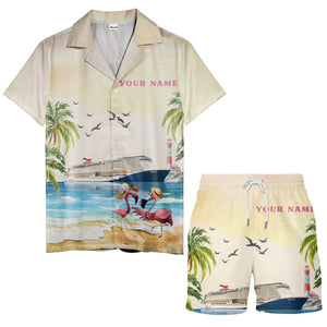 watercolor flamingo cruise ship lighthouse beach scene hawaiian shirt