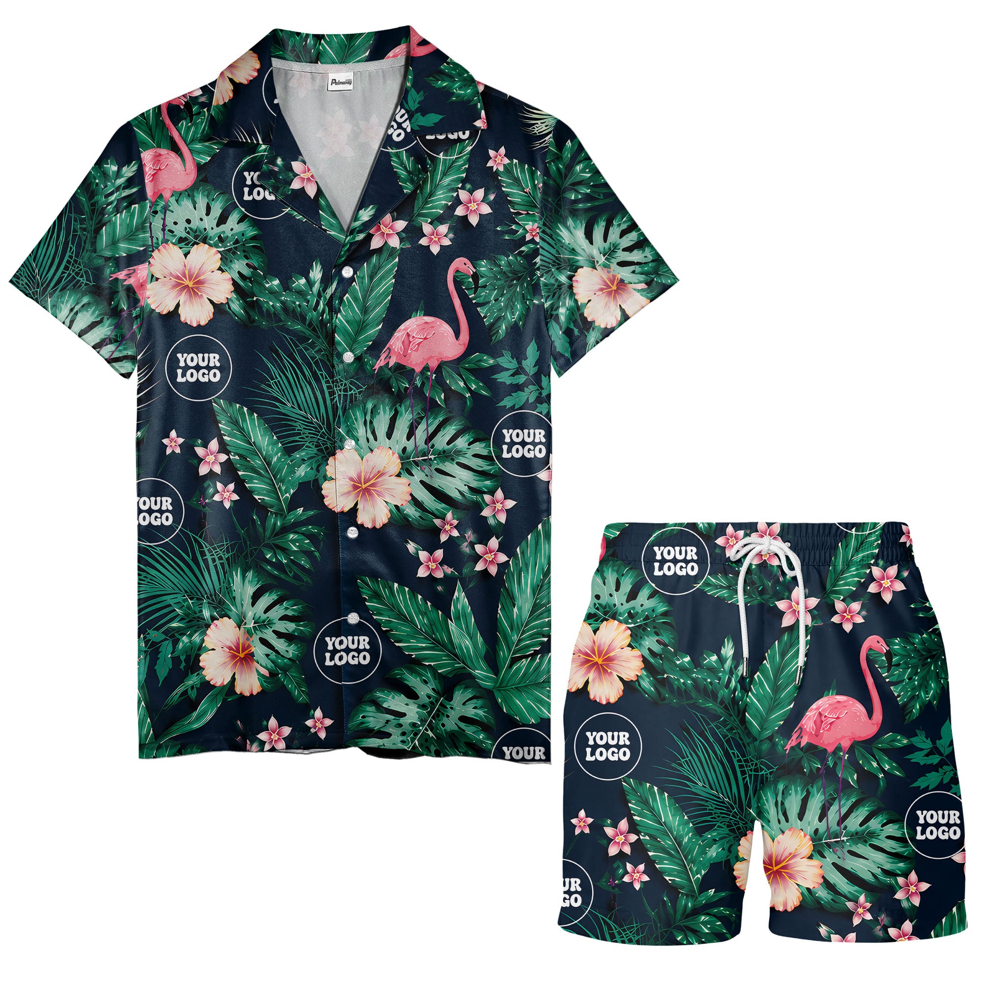 watercolor flamingos among palm leaves & hibiscus navy hawaiian shirt