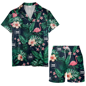 watercolor flamingos among palm leaves & hibiscus navy hawaiian shirt
