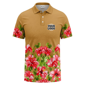 watercolor hibiscus & emerald leaf tropical polo shirt for men