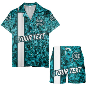 watercolor hibiscus stripes custom logo teal hawaiian shirt