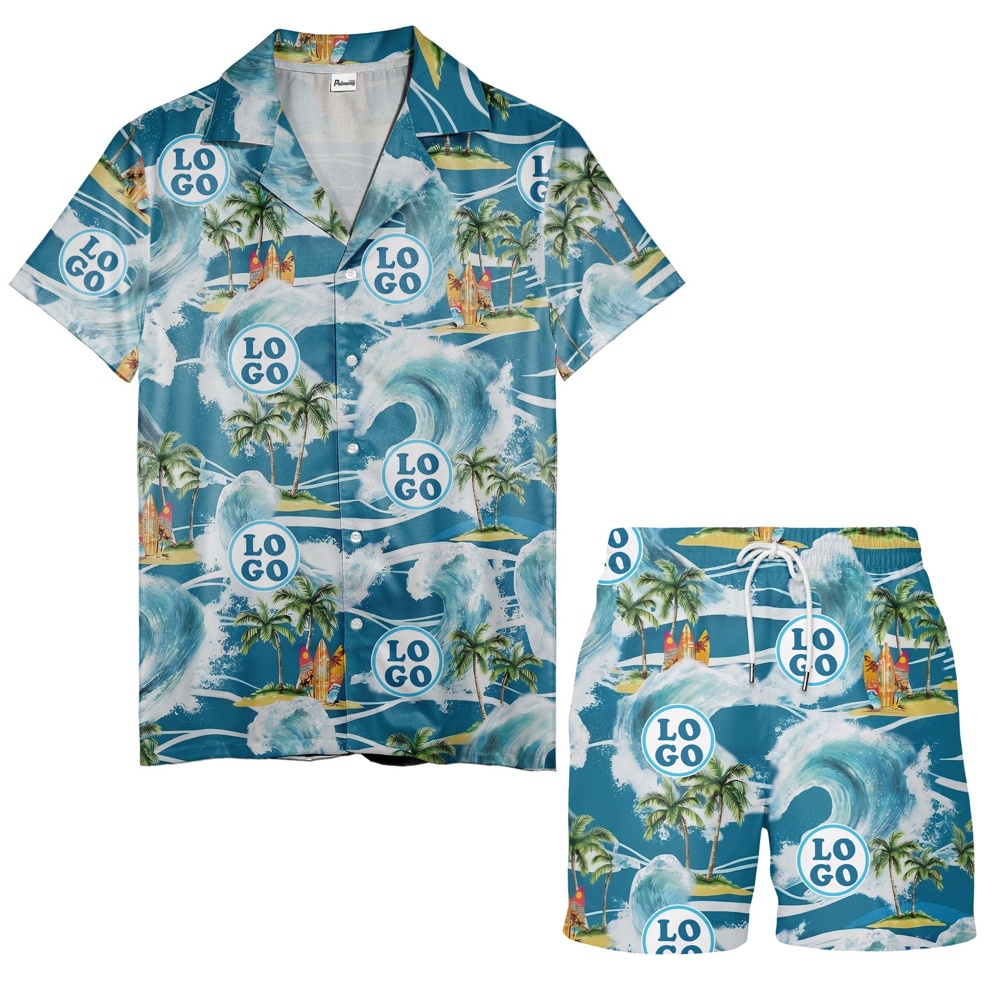watercolor ocean waves palm trees surfboards hawaiian shirt for men