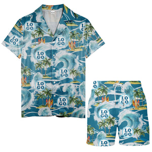 watercolor ocean waves palm trees surfboards hawaiian shirt for men