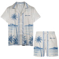 watercolor palm trees mountain waves navy blue hawaiian shirt