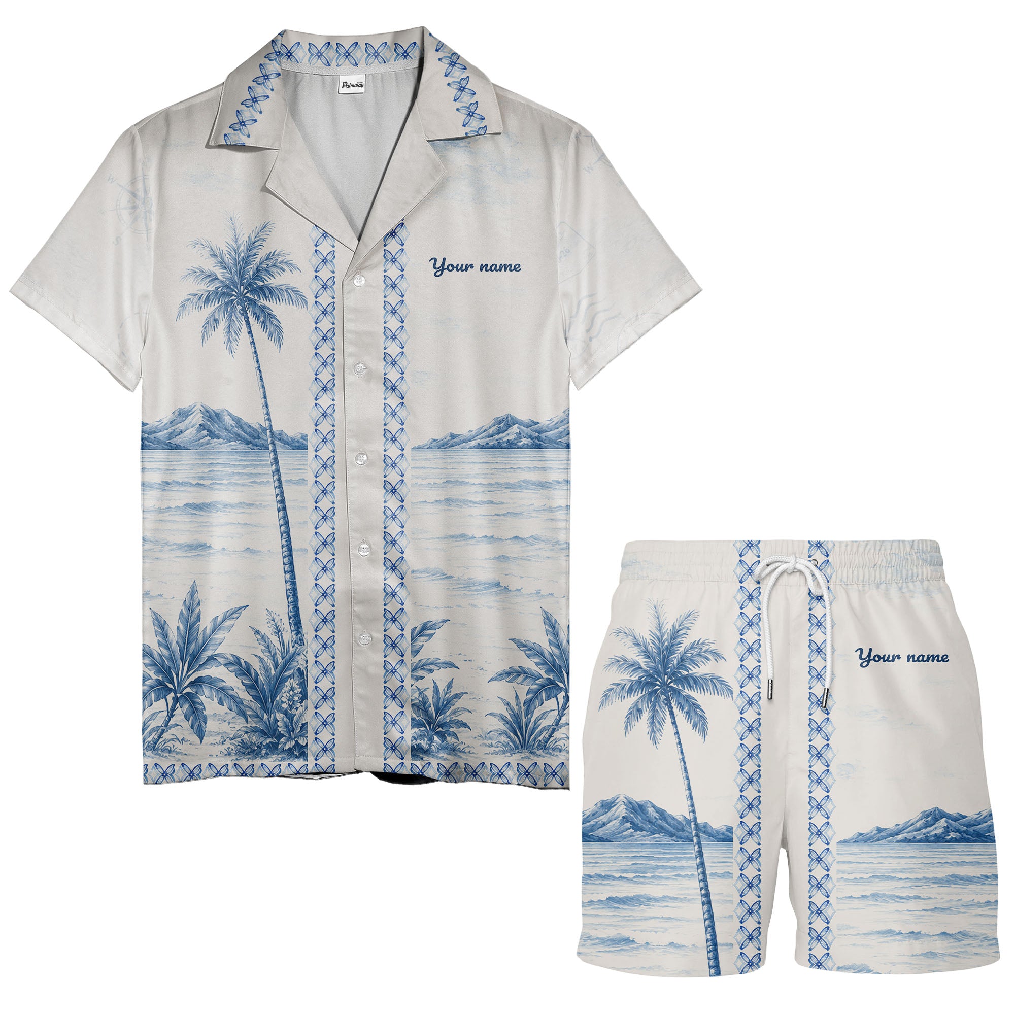watercolor palm trees mountain waves navy blue hawaiian shirt