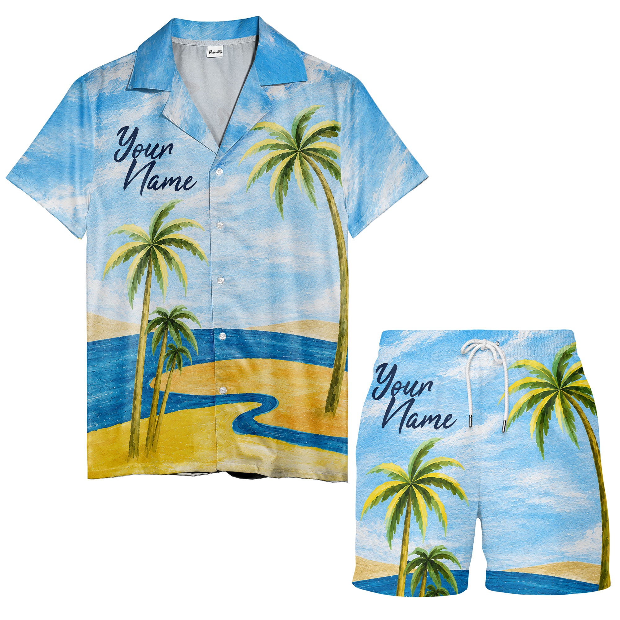 watercolor palm trees sandy beach ocean waves hawaiian shirt