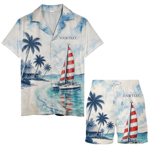 watercolor sailboats & palm trees beach scene navy hawaiian shirt for men