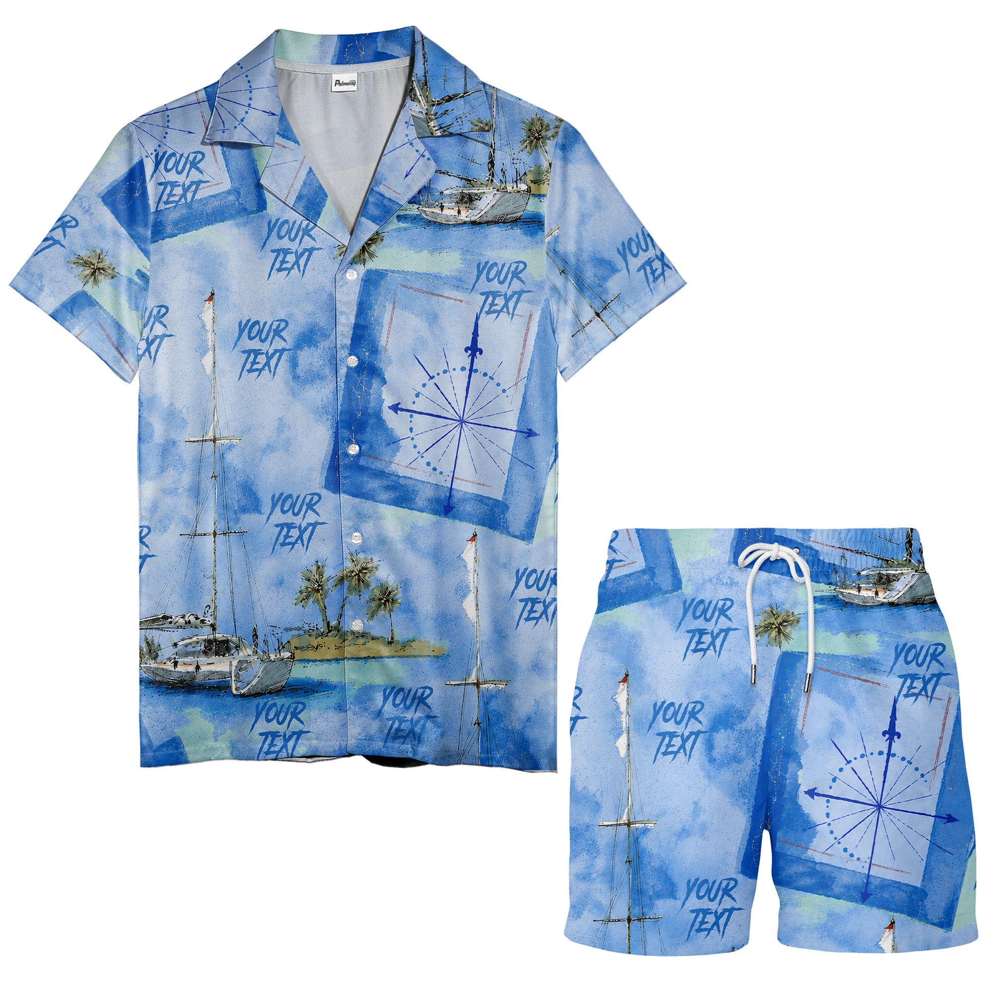 watercolor sailing ships & palm trees ocean hawaiian shirt