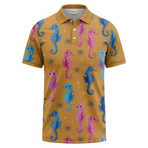 watercolor seahorse repeat marine life polo shirt in pink blue