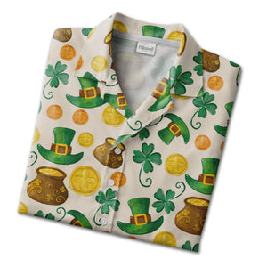 Watercolor St Patricks Hawaiian Shirt with Pots of Gold and Swirling Stems