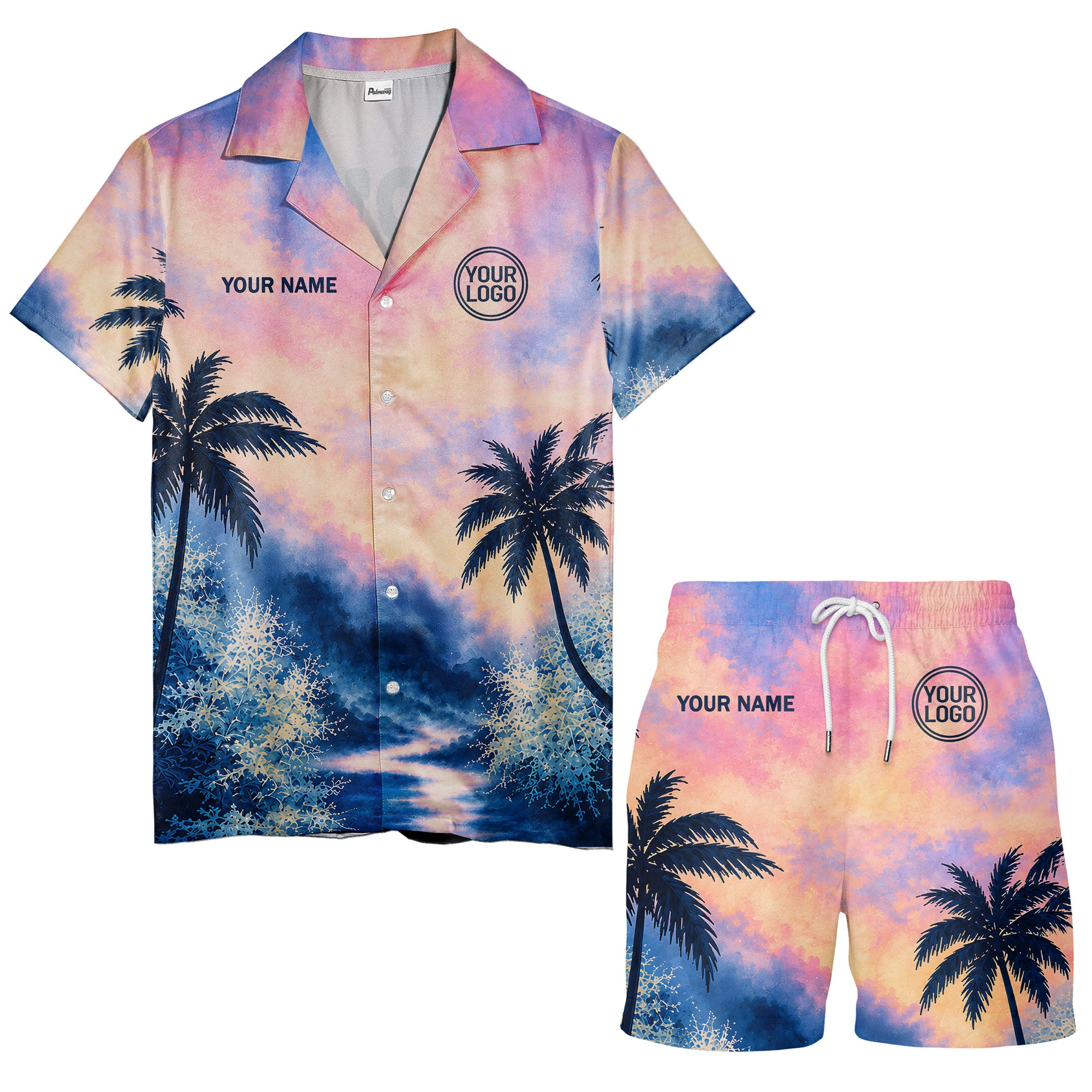 watercolor sunset palm trees coral reef navy hawaiian shirt