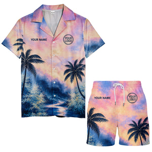 watercolor sunset palm trees coral reef navy hawaiian shirt