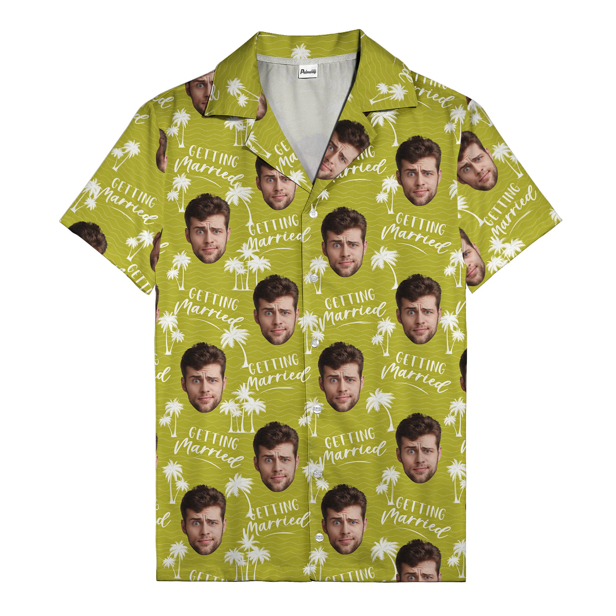 wedding announcement faces & palm trees illustrated fun hawaiian shirt for men