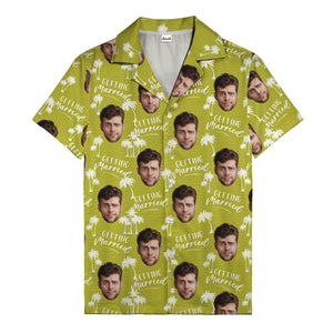 wedding announcement faces & palm trees illustrated fun hawaiian shirt for men