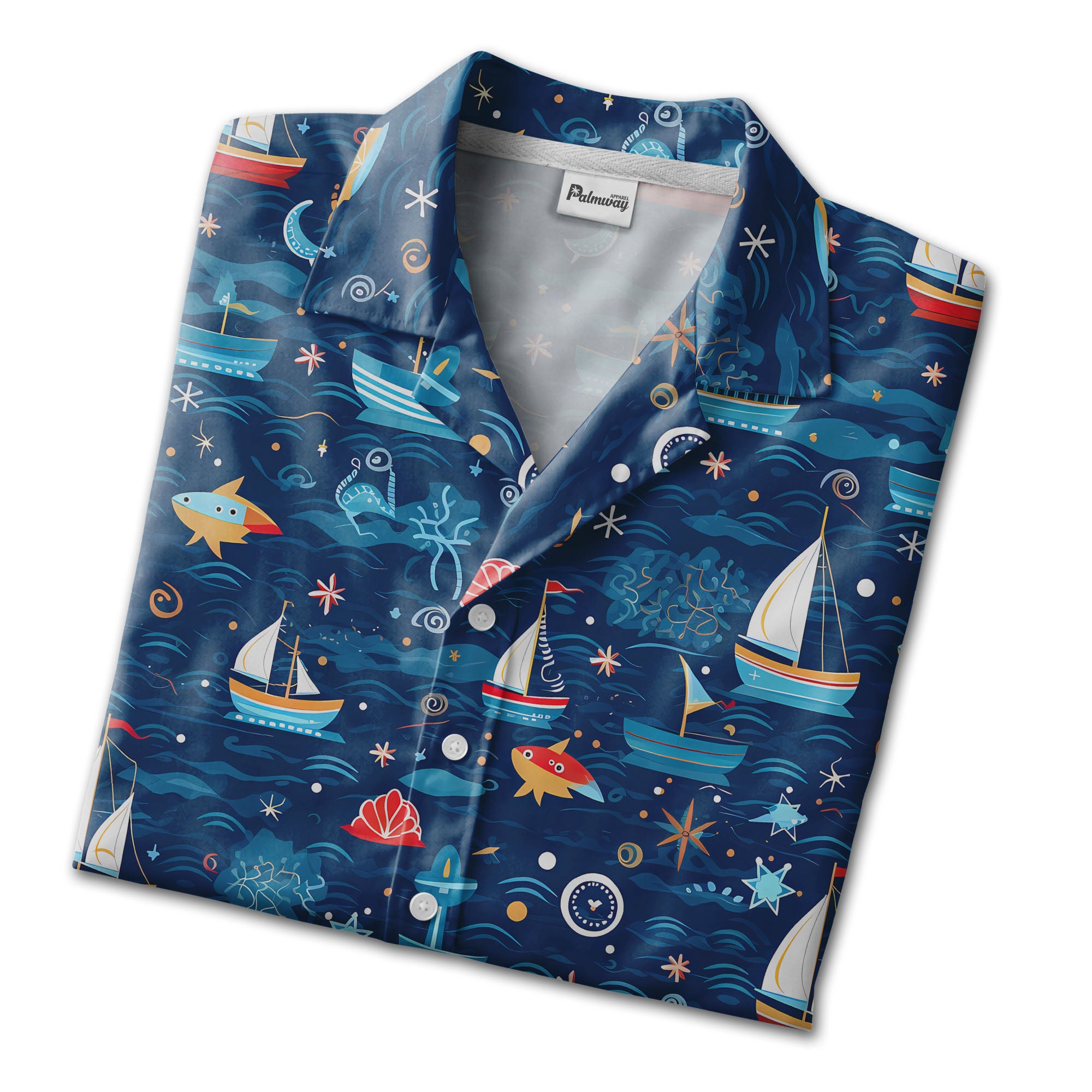 Whimsical Ocean Sailboat & Starfish Hawaiian Shirt – Anchor Compass Marine Print