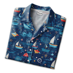 Whimsical Ocean Sailboat & Starfish Hawaiian Shirt – Anchor Compass Marine Print
