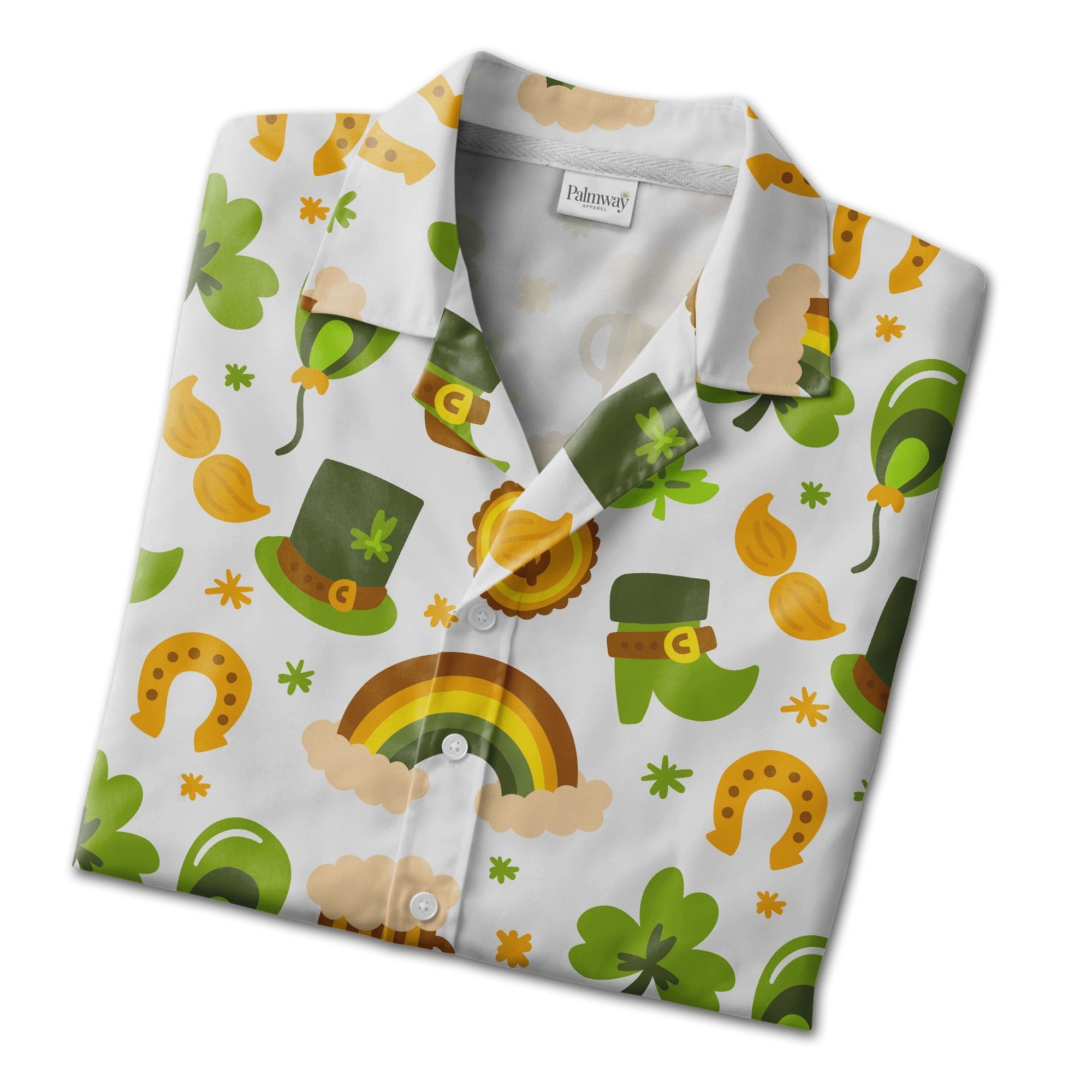 Whimsical St Patricks Day Hawaiian Shirt with Leprechaun Boots and Rainbows
