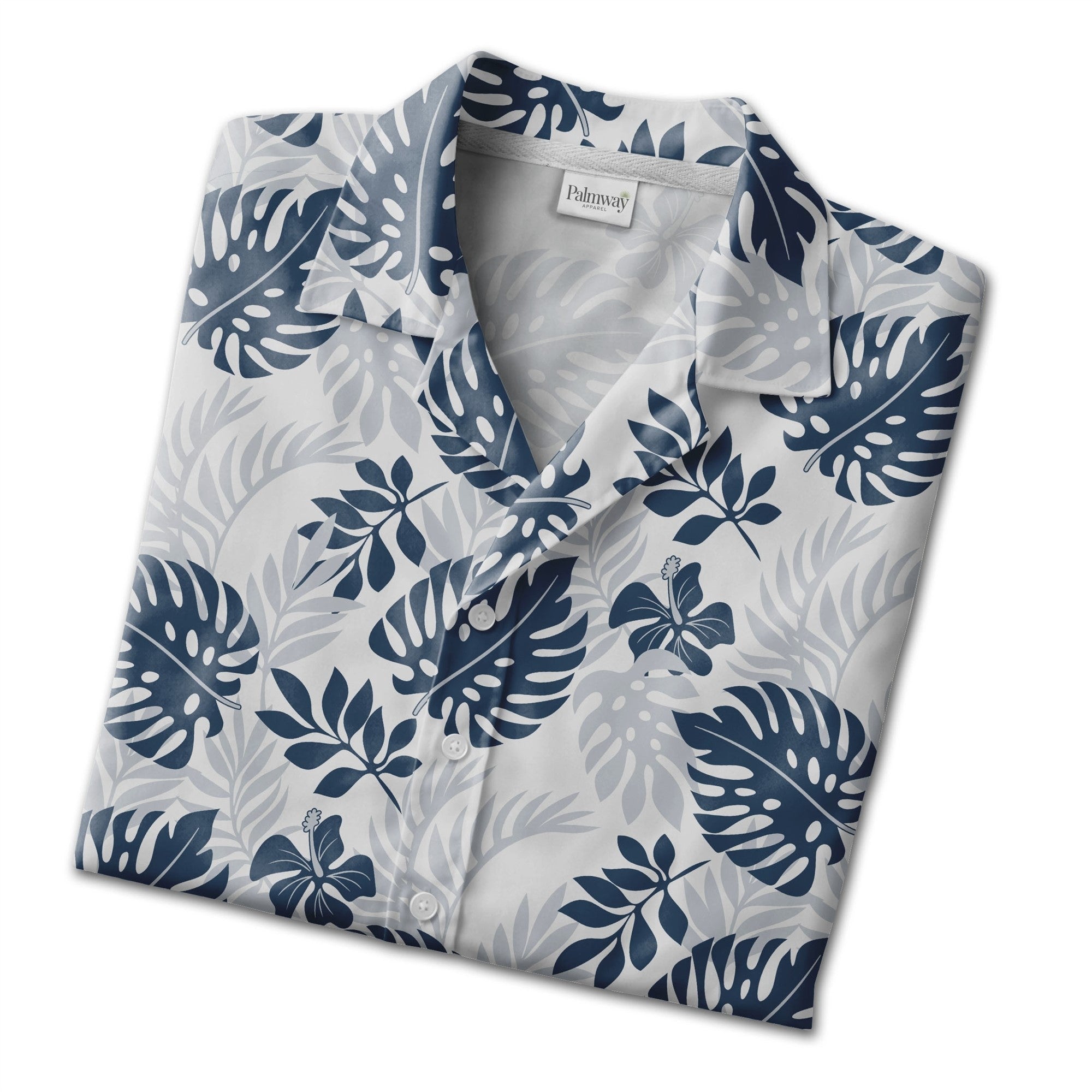 White Calm Elegant Monstera Hawaiian Shirt with Navy Blue Hibiscus Silhouettes
